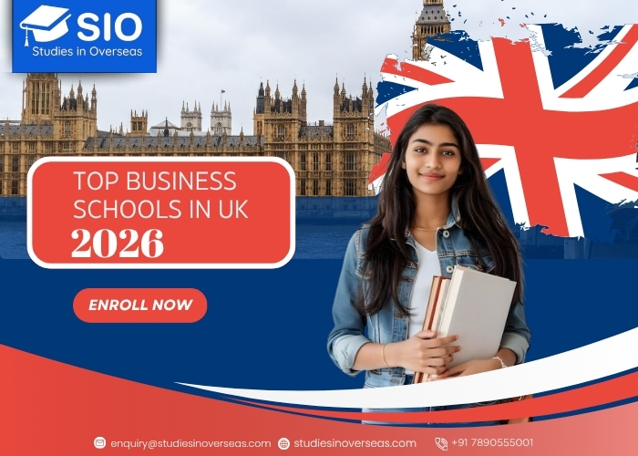 Top Business Schools in UK 2026 – Studies in Overseas admission banner with student and Big Ben background