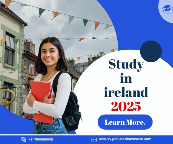 Smiling Indian student holding notebooks in Ireland street background with flags – Study Abroad 2025 with Studies In Overseas (SIO).