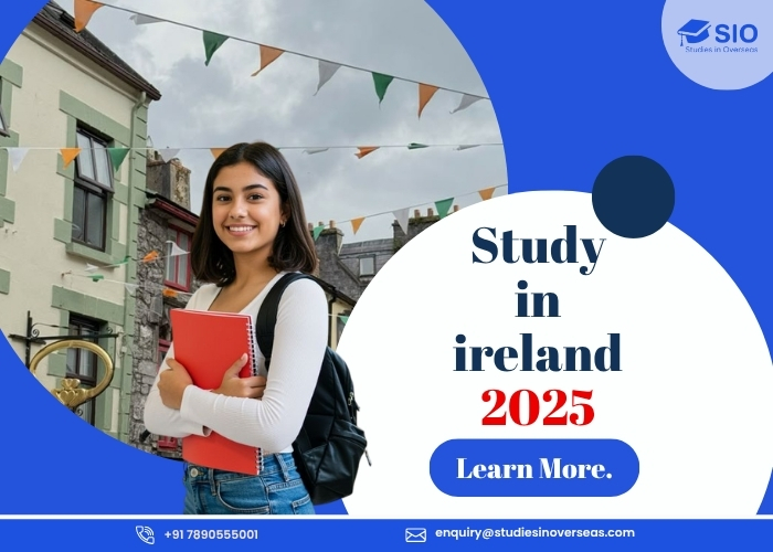 Smiling Indian student holding notebooks in Ireland street background with flags – Study Abroad 2025 with Studies In Overseas (SIO).