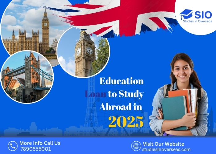 Indian student holding books with London landmarks in background promoting education loan to study abroad in 2025