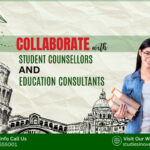 Student counsellors and education consultants discussing study abroad collaboration strategy with students
