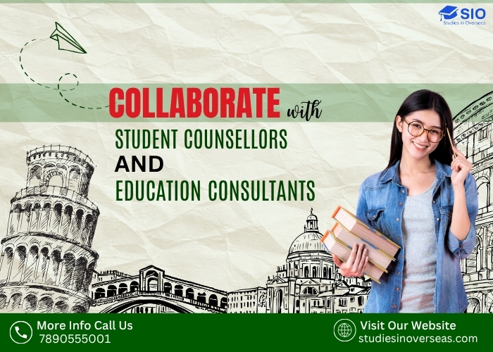 Student counsellors and education consultants discussing study abroad collaboration strategy with students