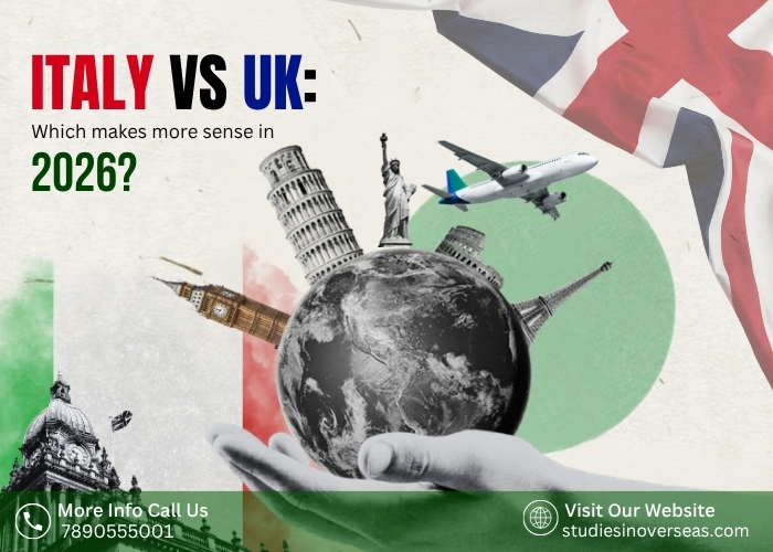 Italy vs UK study abroad comparison for Indian students in 2026 showing education, cost, scholarships, visa and career options