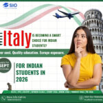 Indian students studying in Italy campus with historic European architecture, highlighting affordable education and scholarships