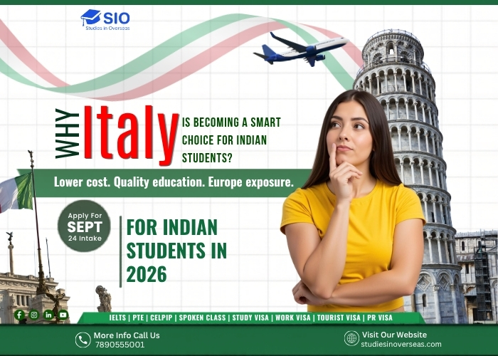 Indian students studying in Italy campus with historic European architecture, highlighting affordable education and scholarships