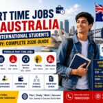 Male international college student exploring part-time jobs and salary opportunities in Australia, with popular job roles and Sydney landmarks.