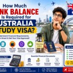 Indian student calculating the bank balance required for an Australia study visa, with financial documents, savings, passport and Sydney landmarks