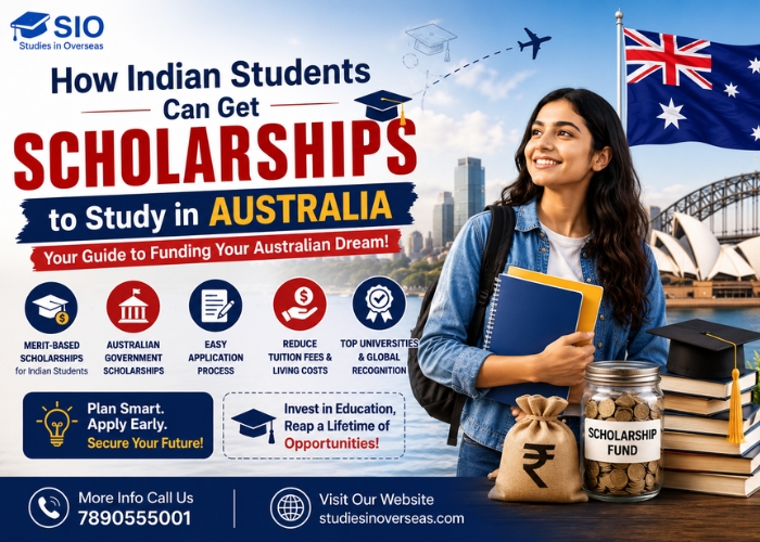 Indian student exploring scholarships to study in Australia, featuring the Australian flag, Sydney Opera House, university books and scholarship funds