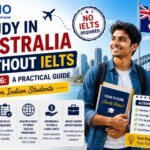 Indian student planning to study in Australia without IELTS in 2026, featuring the Australian flag, Sydney landmarks and alternative English proficiency options
